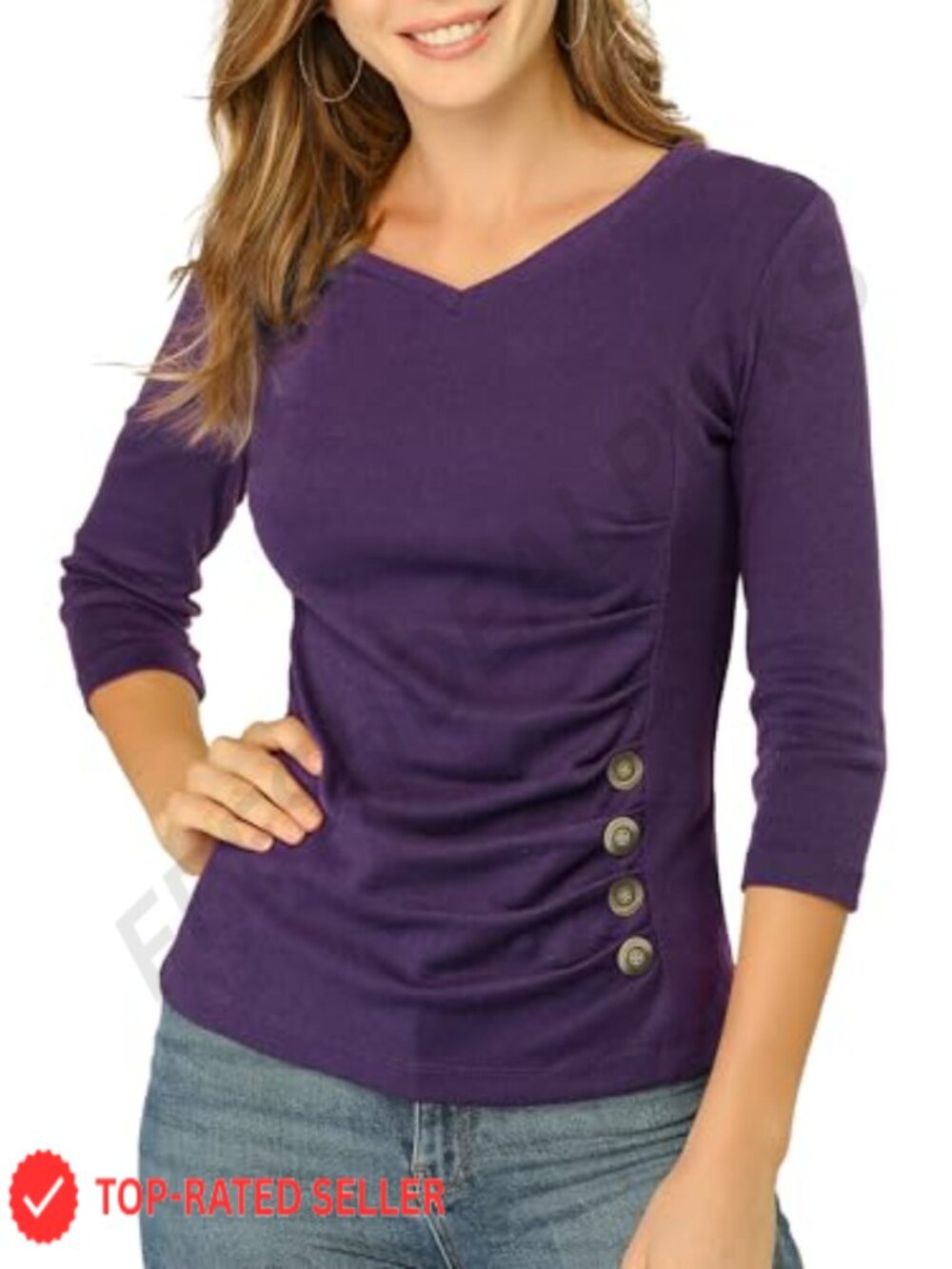 Women's 3/4 Sleeve Ruched Button Decor Blouse Casual Dressy Top